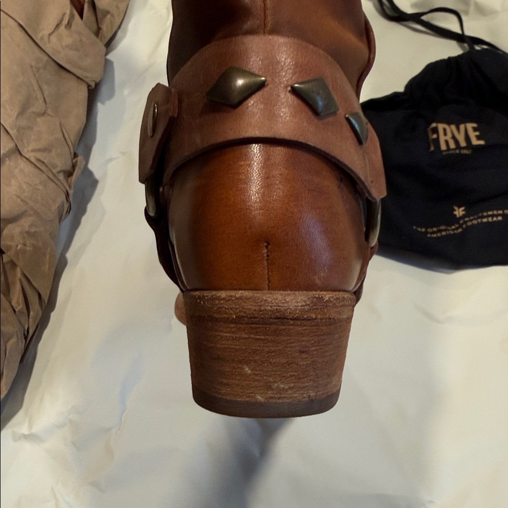 Frye Brown Leather Harness Heeled Riding Boots - Picture 2 of 8